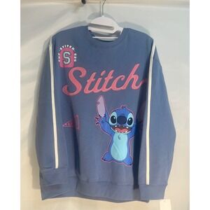 Disney Stitch Blue Varsity Crewneck Sweatshirt Pink Applique Stripe Sleeve L